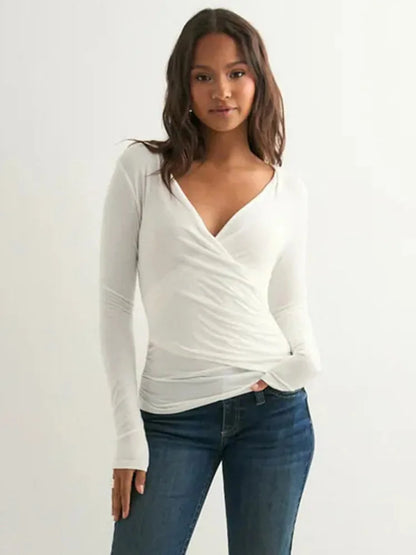 Sexy Solid Color V-neck Long Sleeved T-shirt Top Waist Cinching 2025 Trendy Casual Top for Women