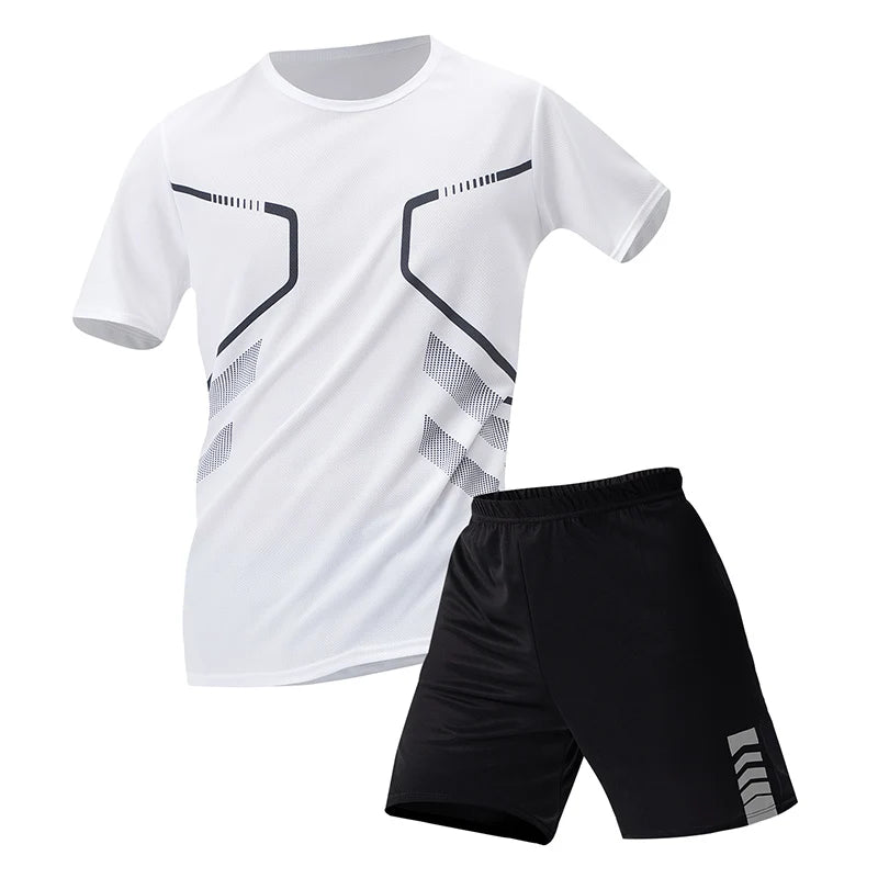 2-pcs Men's Quick-drying Exercise Black-and-white Suit Running Fitness Breathable Short Sleeve Comfortable Joker Playing Shorts.