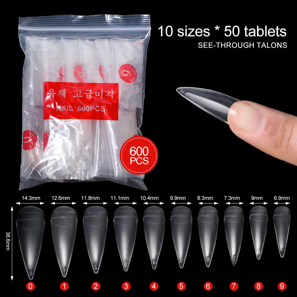 500/600pcs Long Pointed Fake Nail Tips Stiletto Half Cover French Acrylic UV Gel False Nail Extension Press On Nails Manic Tool