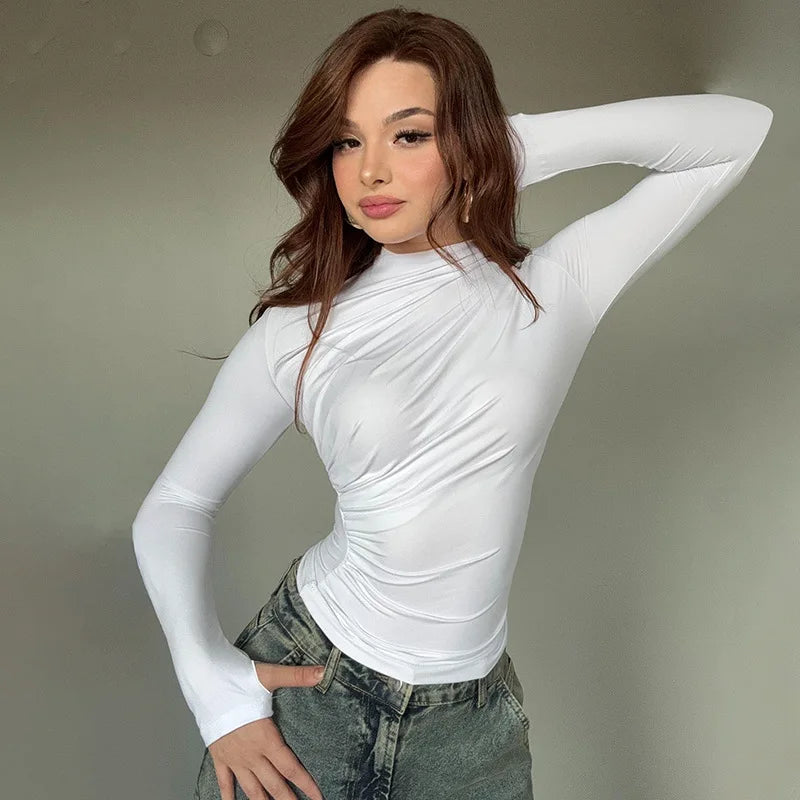 2025 Autumn Solid Color Folds Turtleneck Slim T Shirt Women Long Sleeves Bottoming Shirt Ladies Tee Shirt Tops Camisetas Mujer.