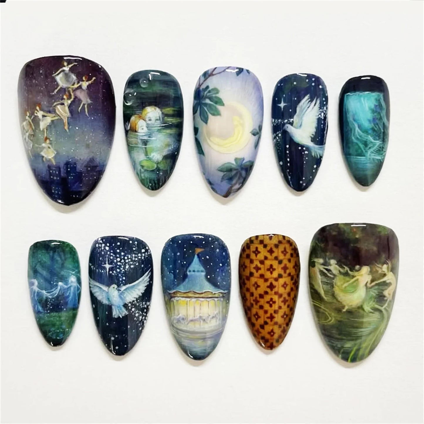 24pcs White Flower Fake Nail Tips Ins Yellow Pink Blush False Nails Wearable Full Cover European Almond Shaped Press on Nails.