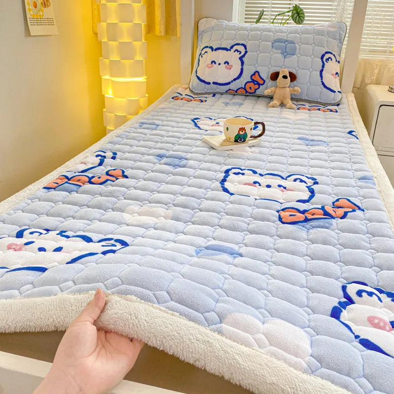 Cartoon Printed Warm Bed Mattress Super Soft Cozy Milk Velvet Single Bedding Protector Thick Tatami Mats for Autumn and Winter