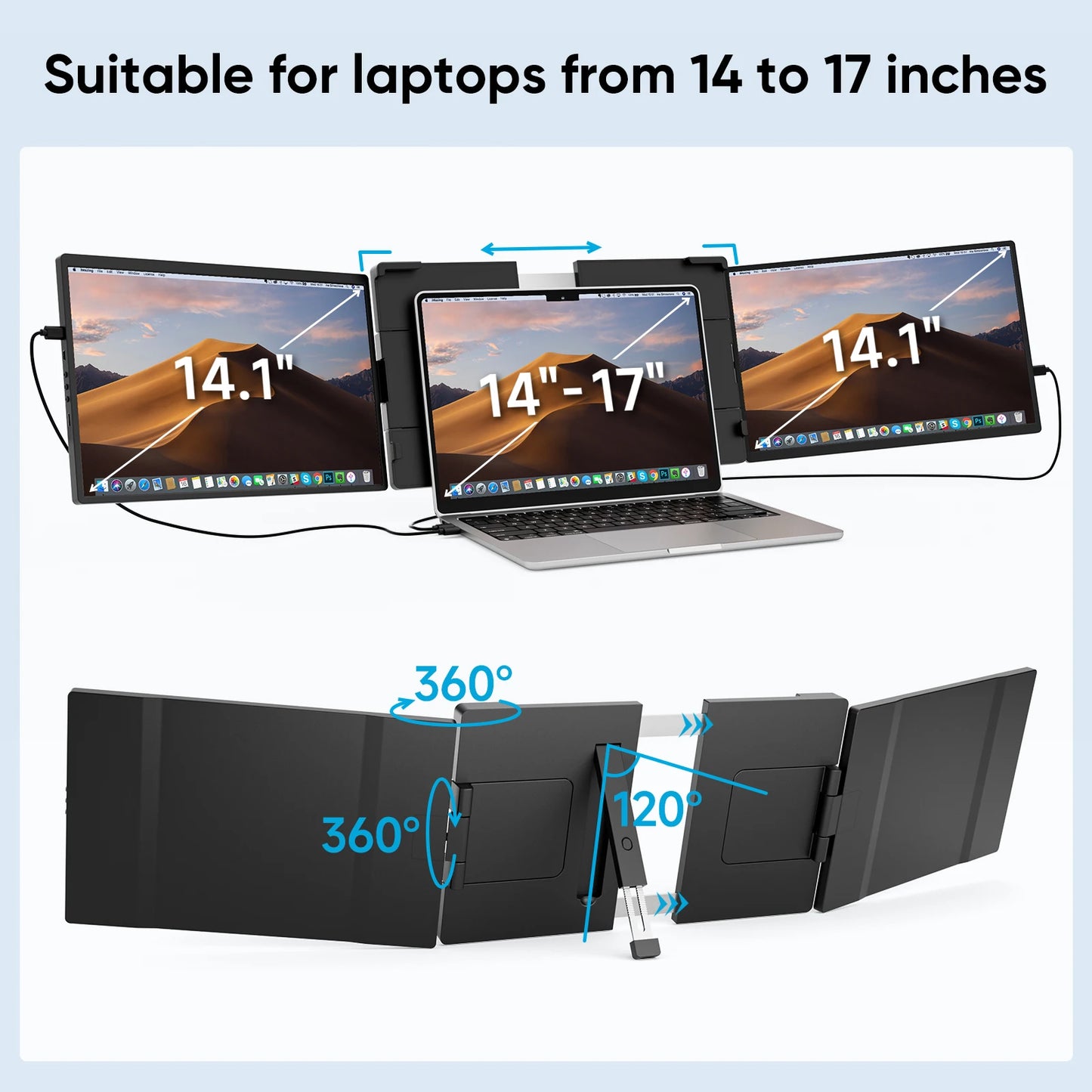 Dopesplay 14.1 inch Triple Screen Extender for Laptops 1200P FHD IPS Type-C Dual Portable Monitor For Macbook Chrome Up to 17.3.