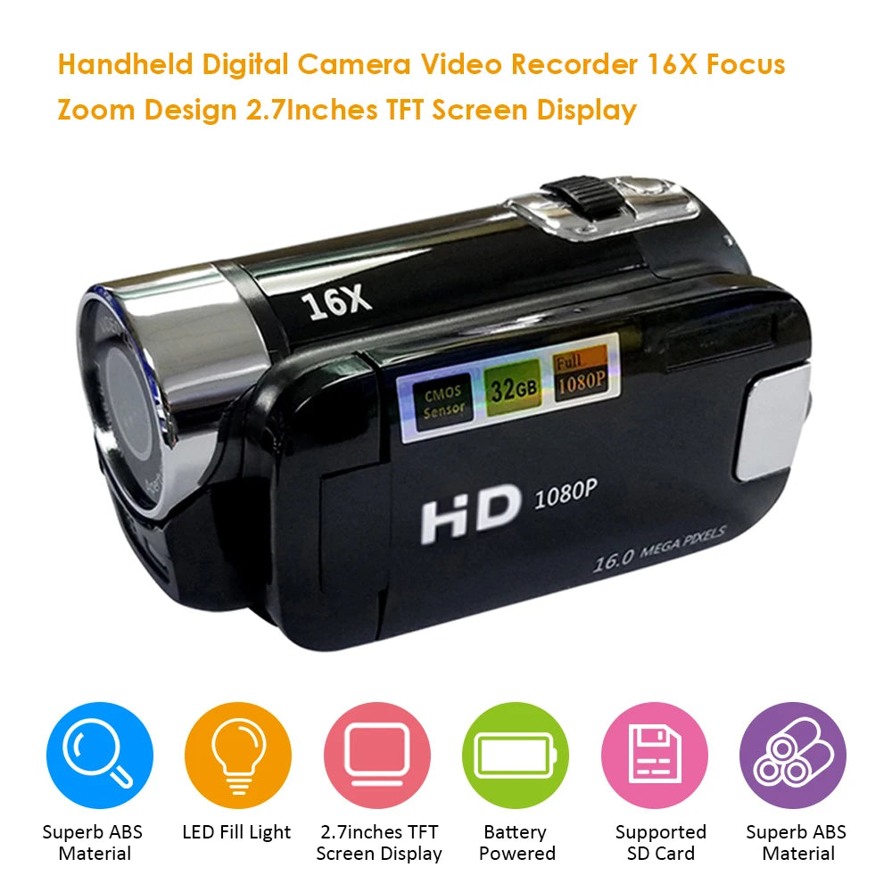 16MP 1080P Digital Video Camera Recorder 16X Digital Zoom Built-in Microphone Speaker 2.4Inches TFT Screen Lightweight Camcorder.