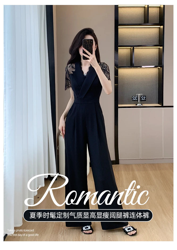 LYX High-Cold Lady Style Romper Women Summer Short Sleeve High Waist Lace Splicing Hollow out One-Piece Straight Leg Pants.