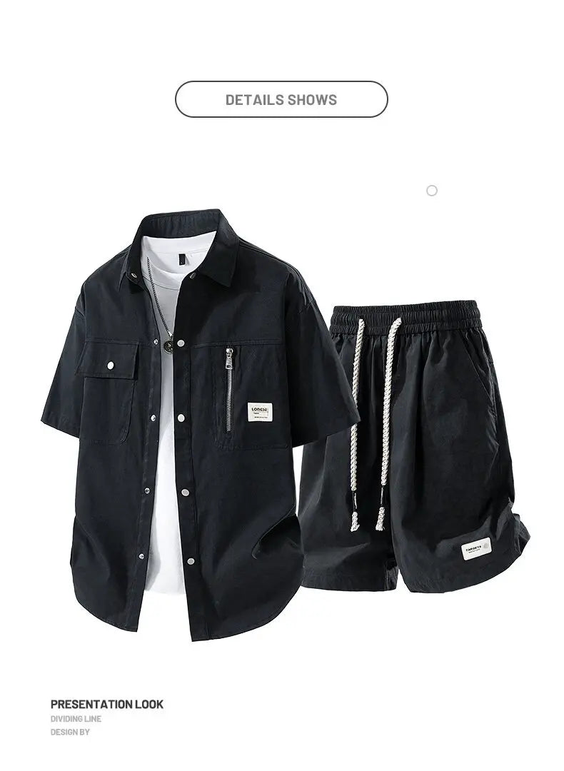 Men's Summer Casual Versatile Fashionable Cool Short-Sleeved Shirt And Shorts Set Trendy Business Casual Outfit.