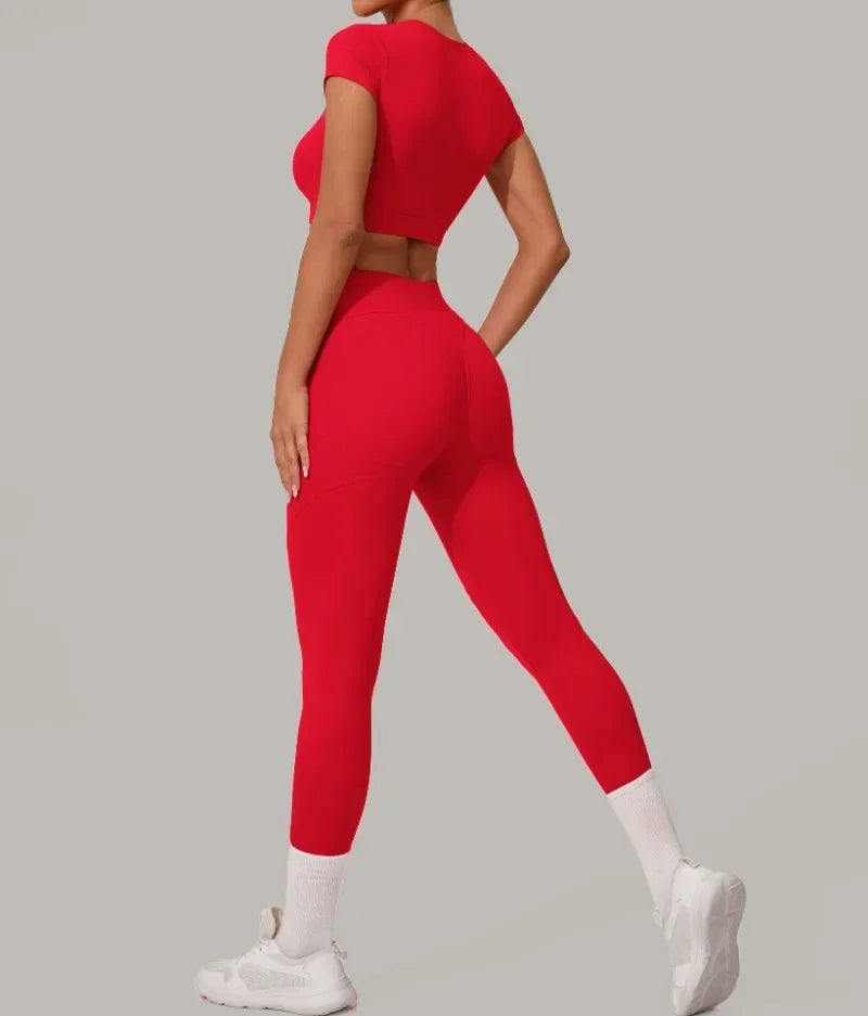 Seamless Yoga Sets Sports Fitness High Waist Hip Lift Tight Breathable Tracksuit Workout Clothing Gym Leggings Suit for Women.