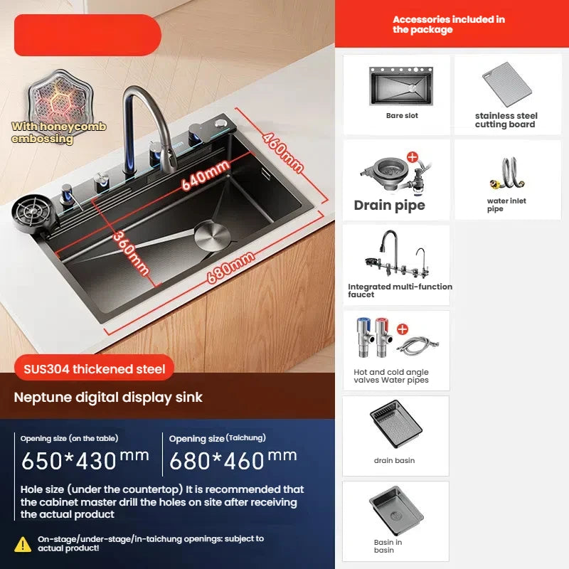 Intelligent Waterfall Stainless Steel Kitchen Sink MultiFunctional Digital Display Porous Large Single Slot Wash Dish Basin