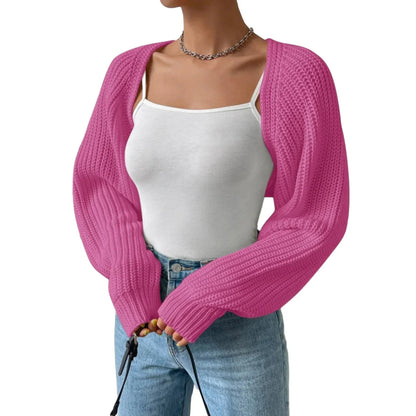 Women's Fashion Open Front Crochet Cardigan Casual Long Sleeve Solid Color Sweater Ribbed Knit Shrug Sweater Bolero Tops.