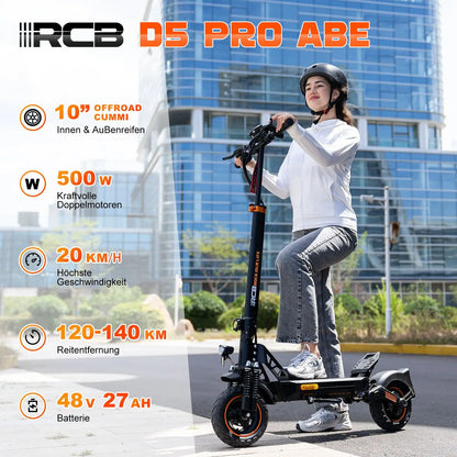 RCB Electric Scooter D5 Pro/D5 (ABE), 48V 27/20.8 Ah Battery, 500W Motor, 10“ Flatproof  Tyre, Dual Shock Absorption E Scooter.