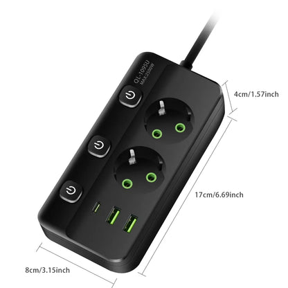 EU-Stecker-Steckdosenleiste, 2/3/4/5 Positionen, unabhängige Steuersteckdose mit 2 USB-Anschlüssen, 1 Typ-C-Anschlüsse, 2 m Verlängerungskabel, Steckdosen.