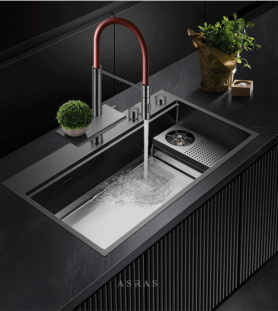 ASRAS New Waterfall Faucet Kitchen Sinks Nanometer Large Size 4mm Panel Handmade Sinks Cup Rinser Kitchen Sinks
