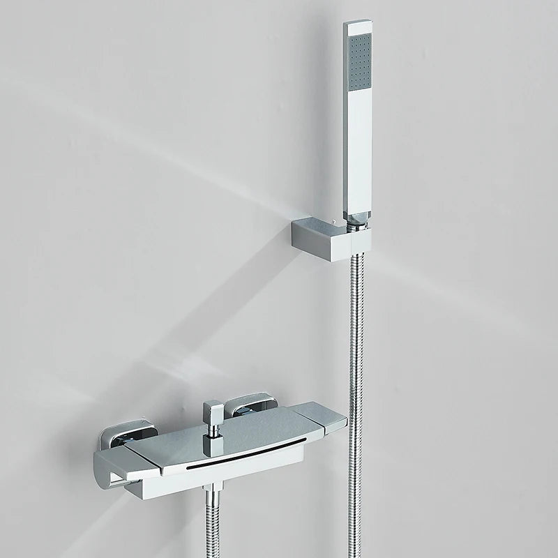 Black Waterfall Shower Faucet Bathroom Wall Mounted Bathtub Shower Faucets Dual Handles Hot Cold Water Mixer Tap with Handshower