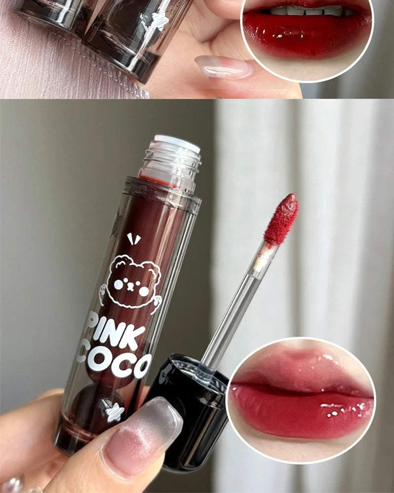 PINKCOCO Bear Doodle Mirror Lip Glaze — Long-Lasting Shiny Lip Gloss, Student-Friendly, Skin-Brightening Nude Lipstick.