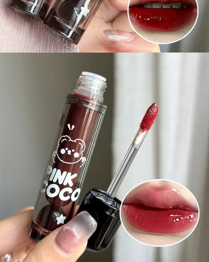 PINKCOCO Bear Doodle Mirror Lip Glaze — Long-Lasting Shiny Lip Gloss, Student-Friendly, Skin-Brightening Nude Lipstick.