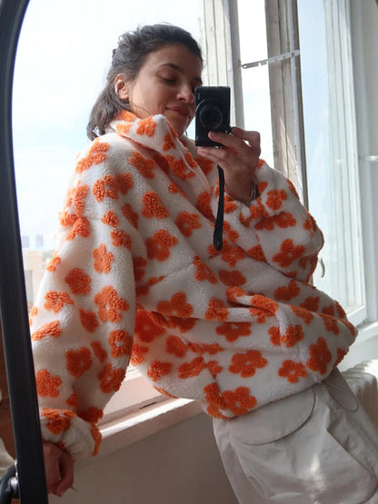 Sumuyoo Autumn Winter Women's Sherpa Floral Pullover Hoodies Half Zip Style Loose Fit Warm Stylish New Sweatshirt.