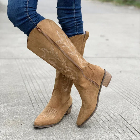 Embroidered Western Cowboy Boots for Women Autumn Pointed Toe Thick Heel High Knee Boots Woman Loose PU Leather Long Botas Mujer.