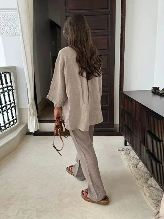 Women Vintage Solid Loose Pants Suit Lapel Single Breasted Long Sleeve Shirt Wide Leg Pants 2 Pcs Set 2025 New Ladies Streetwear.
