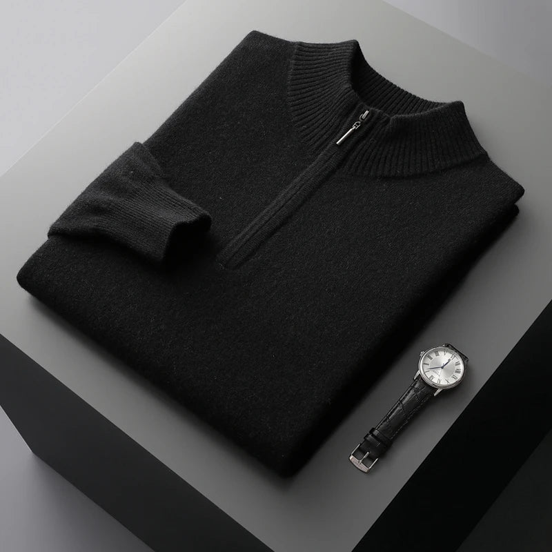 New Half Turtleneck Zipper Men's Pullover 100% Cashmere Sweater Solid Color Casual Versatile Wool Sweater Men's Clothing