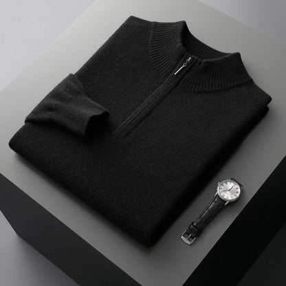 New Half Turtleneck Zipper Men's Pullover 100% Cashmere Sweater Solid Color Casual Versatile Wool Sweater Men's Clothing