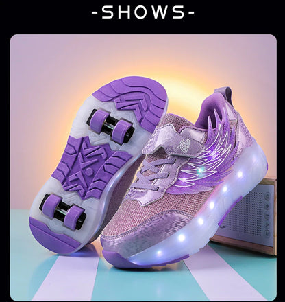 Boys Girls Roller Shoes LED Light Up USB Charging Children Roller Skate Casual Skateboarding Shoes Sports Shoes Kids Sneakers