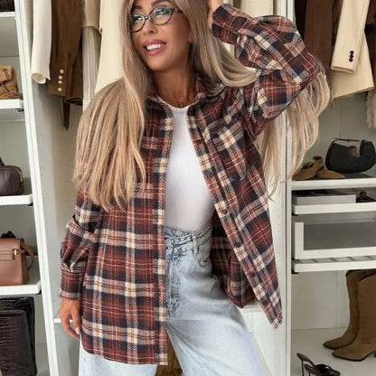 Women Elegant Checkered Print Office Shirt Spring Autumn Turn-down Collar Button Blouses Casual Long Sleeve Street Top Cardigans.