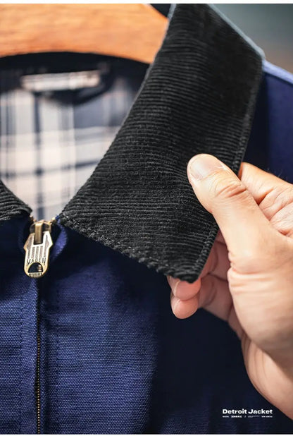 Maden Men's Retro J001 Detroit Jacket Heavyweight Canvas Hunting Coat Lapel Collar Work Jackets with Zipper for Spring Fall.