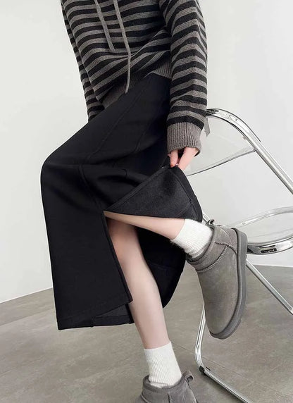 Women's Gray Split Midi Skirts Elasticity Waist Casual Loose Long Skirts Female Autumn Winter Thicken Plus Velvet Straight Skirt