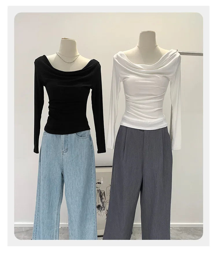 Off-The-Shoulder Long Sleeve T-Shirt Women's Early Autumn New Slimming Design Korean Style Sweet And Spicy Fashion Tops.