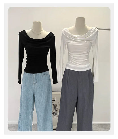Off-The-Shoulder Long Sleeve T-Shirt Women's Early Autumn New Slimming Design Korean Style Sweet And Spicy Fashion Tops.