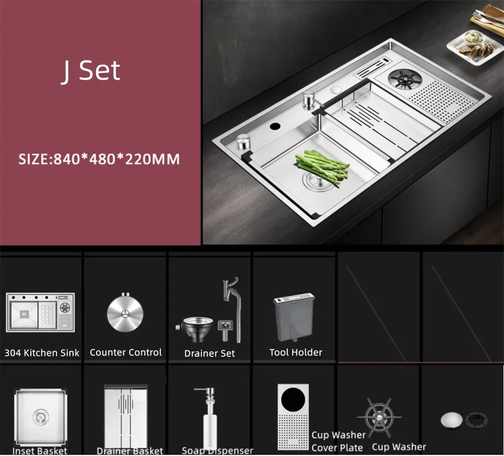 Large Size Nano Meter Cup Rinser Stepped Kitchen Sink 304 Stainless Steel 4mm Thickness Handmade Sinks With Knife Holder