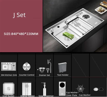 Large Size Nano Meter Cup Rinser Stepped Kitchen Sink 304 Stainless Steel 4mm Thickness Handmade Sinks With Knife Holder