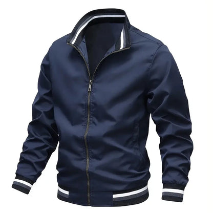 New Autumn and Winter Men's Windproof Stand Up Collar Jacket, Men's Stand Up Collar Striped Collar Casual Top No Velvet Sports F.