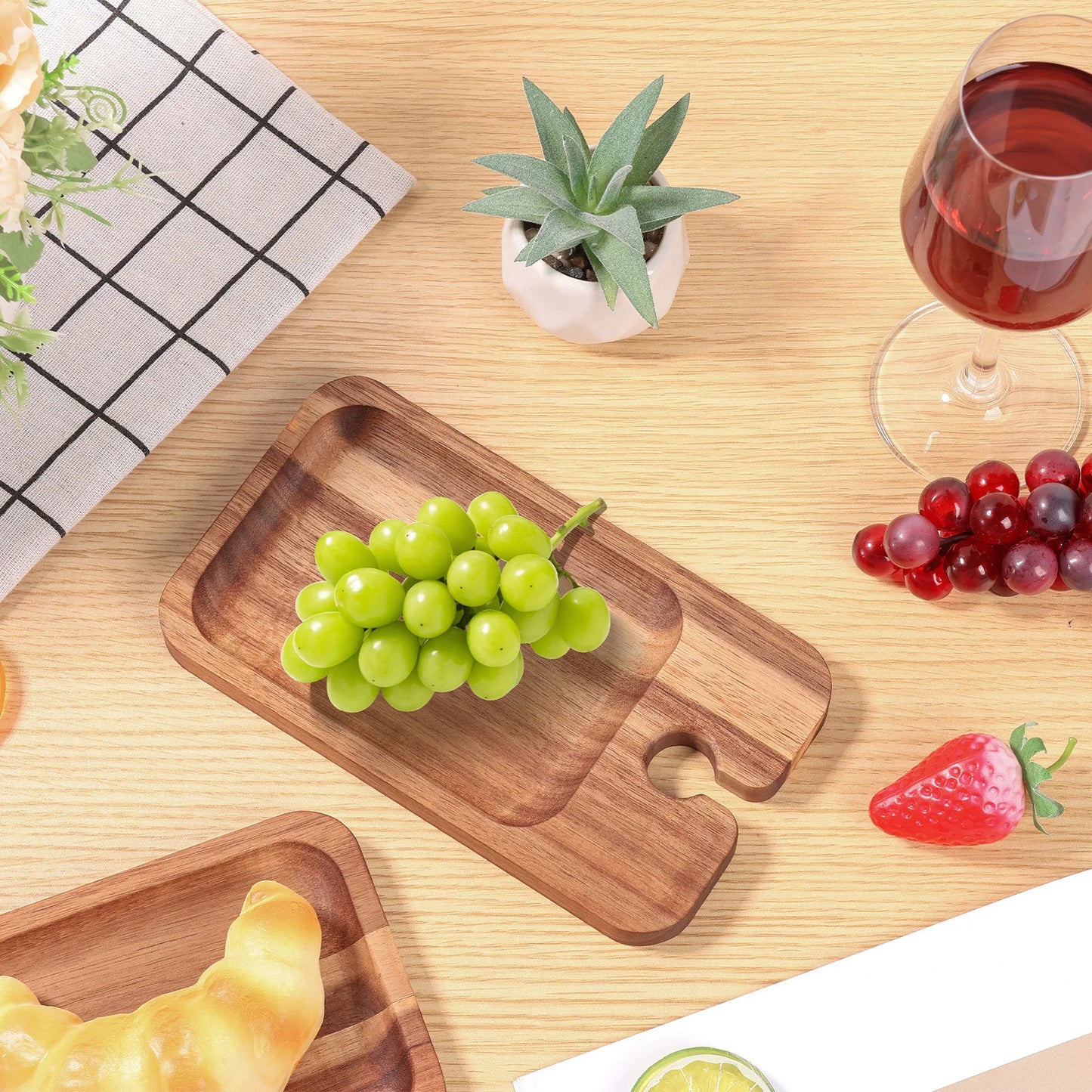 Wood Appetizer Plates With Wine Glass Holder Wine Appetizer Plates Wood Charcuterie Boards for Wine Party Housewarming Party.