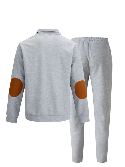 Men's new autumn style American stand-up collar button elbow patch color-block long-sleeve hoodie and pants set.
