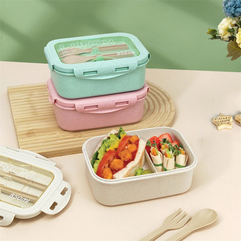 850ml Divided Lunch Box Portable Large Capacity Microwae Bento Box with Fork and Spoon Food Storage Container for School Camping.