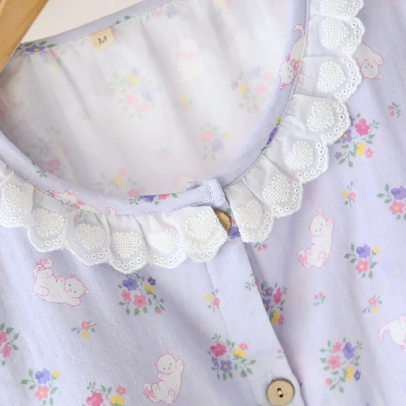 Spitzen-Design, Rundhals-Pyjama-Set aus Baumwolle, doppellagig, Gaze, für Damen, vier Jahreszeiten, dünne, langärmelige Hosen, Strickjacken, Kleidung.