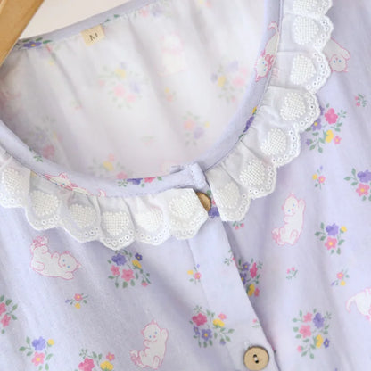 Spitzen-Design, Rundhals-Pyjama-Set aus Baumwolle, doppellagig, Gaze, für Damen, vier Jahreszeiten, dünne, langärmelige Hosen, Strickjacken, Kleidung.