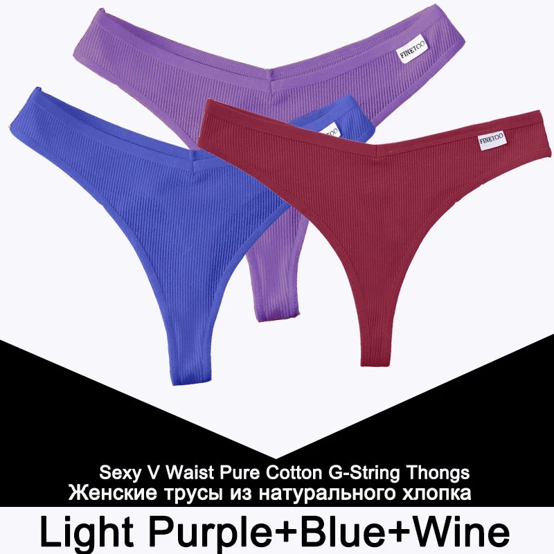 FINETOO 3PCS/Set G-string Panties Cotton Women's Underwear Sexy Panty Female Underpants Thong Solid Color Lingerie T-Back Design