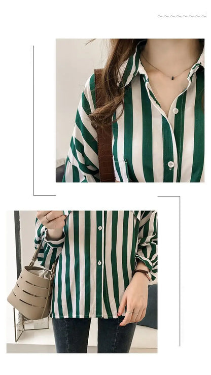 1pcs Woman Spring Autumn Stripe Shirts Lady Casual Long Sleeve Turn-down Collar Loose Shirt Female Chiffon Temperament Tops.