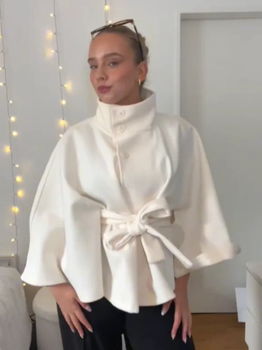 Damen-Jacke aus Wolle mit weißem Bund, elegant, langärmelig, Stehkragen, einreihig, Oberbekleidung, 2025, neuer Straßen-Outdoor-Mantel