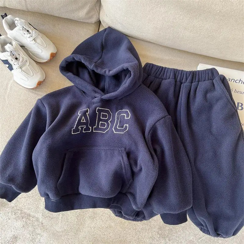 2025 Autumn Winter Boys Clothing Set Double-Sided Velvet Letter Print Thick Hoodies+Pants 2Pcs Suit For 1-8Y Girls Warm Outfit.