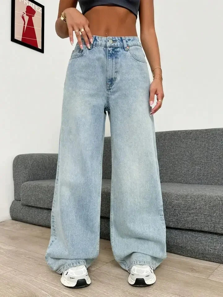 Retro High Waist Commuter Light Color INS Straight Leg Slimming Versatile Wide Leg Floor Length Pants Jeans.