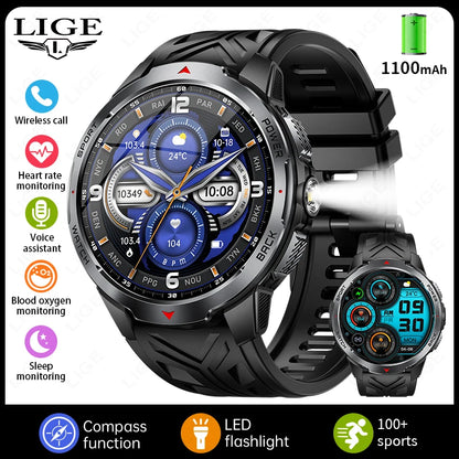 LIGE New 1100mAh Battery Smart Watches For Man Outdoor Sport LED Flashlight Compass Men’s Smartwatch Bluetooth Call Men Watches