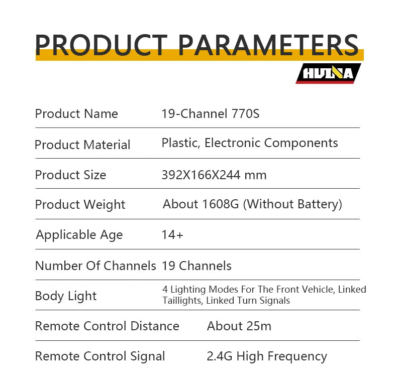 HUINA 1/18 19CH RC Truck 1501 770S Scania Alloy Tractor 2.4G Remote Control Engineering Trailer Truck with Light and Sound Toys