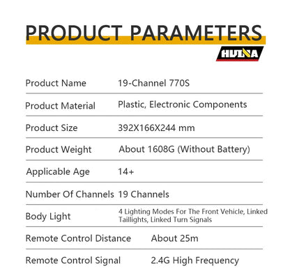 HUINA 1/18 19CH RC Truck 1501 770S Scania Alloy Tractor 2.4G Remote Control Engineering Trailer Truck with Light and Sound Toys