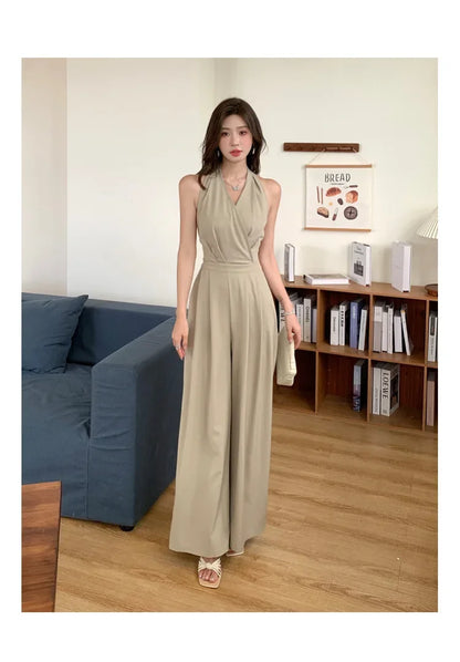 French Vintage Polyester Halter One-Piece Pants Women's Summer Business Commute High Waist Slimming Versatile Suit Long Pants.