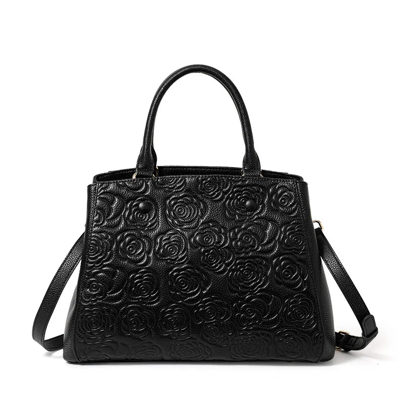 Leather handbag high sense handbag top layer leather rose pattern slung shoulder bag.