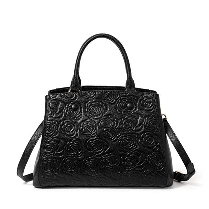 Leather handbag high sense handbag top layer leather rose pattern slung shoulder bag.