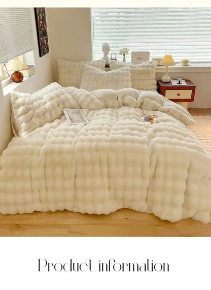 4pcs Grey Rabbit Fur Bedding Set Thick Milk Plush Winter Duvet Cover Warm Bed Sheets, Queen Size Four Piece Set  Bedroom Decor.